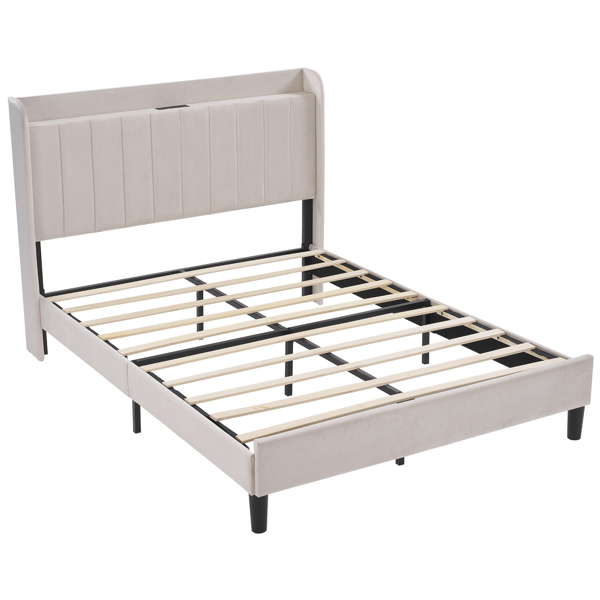 Full Size Velvet Bed Frame with Charging Station and Storage Shelf, Upholstered Platform Bed with Vertical Channel Tufted Wingback Headboard, No Box Spring Needed, Easy Assembly, Off-white