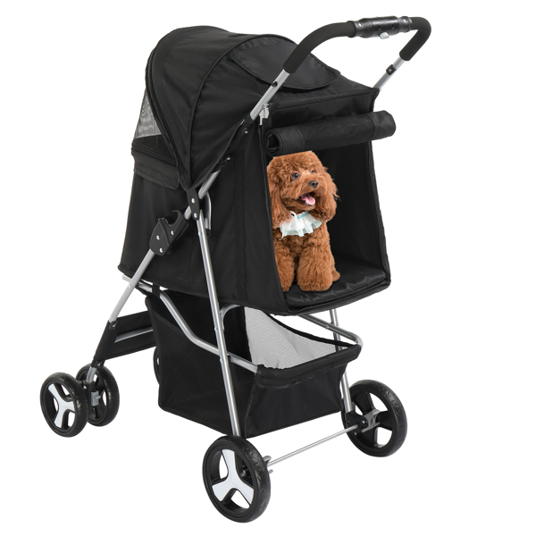 4 Wheels Pet Stroller, Dog Cat Stroller for Small Medium Dogs Cats, Foldable Puppy Stroller with Cup Holder & Removable Liner & Storage Basket, Black