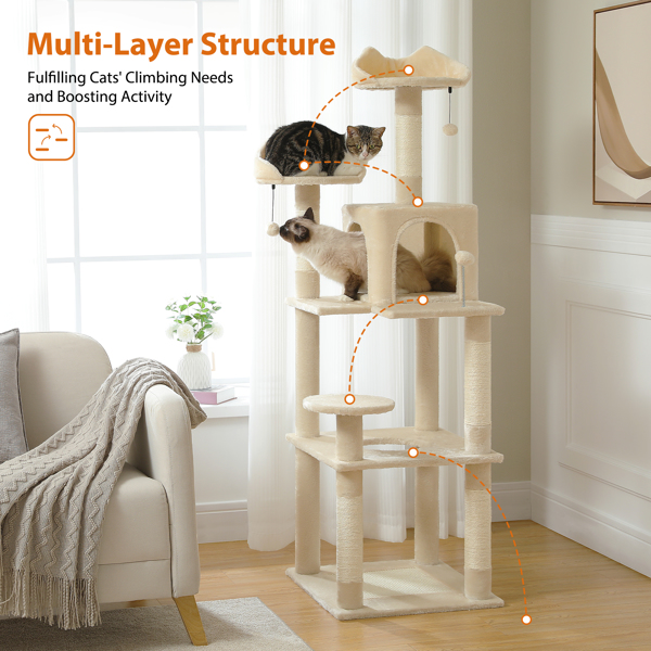 63'' Multi-Level Cat Tree Cat Tower for Indoor Cats with Sisal-Covered Scratching Post, Cozy Cat Condo, Cat Hammock and Wide Top Perch, Beige(Banned shein,unable to ship on weekends)