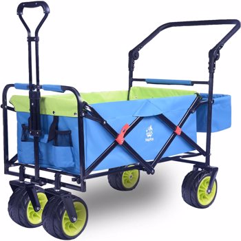 Collapsible Heavy Duty Beach Wagon Cart All Terrain Beach Wheels Large Capacity Outdoor Folding Utility Camping Garden Cart Brake for Beach Camping Shopping (blue＆green）