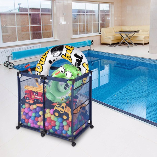 Pool Storage Bin, Pool and Ball Storage Organizer with Nylon Mesh Basket, for Pool Floats, Balls, Toys, Air Dry Quickly and Easily Roll The Storage Bins To Your Home Garage(No shipping on weekends.)