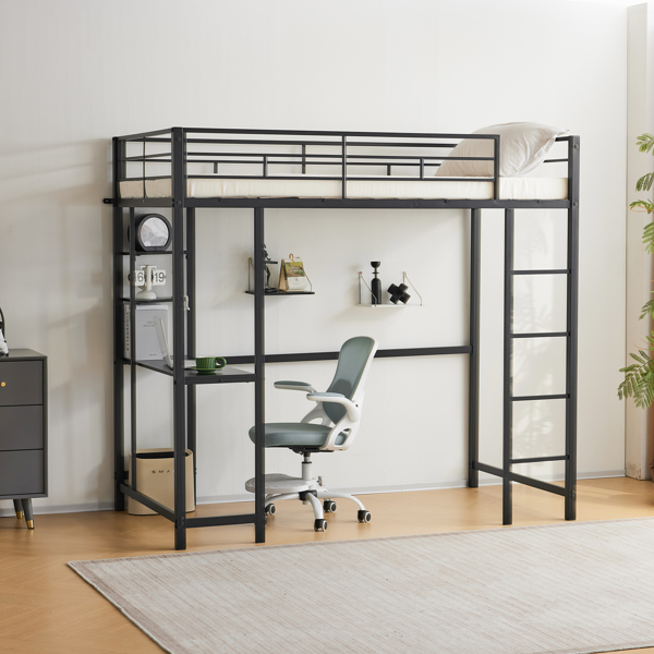 Twin Size Metal Loft Bed with Desk and Storage Shelves, 2 Built-in Ladders & Guardrails, Loft Bed Frame for Teens Juniors Adults, Noise Free, No Box Spring Needed, Black