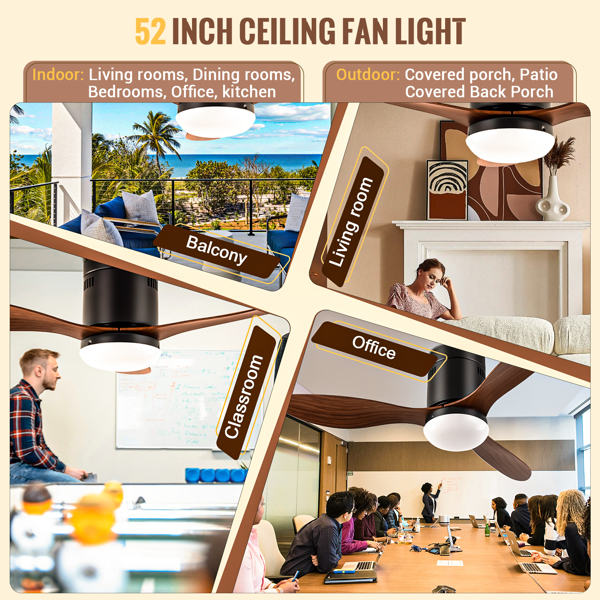52 Inch Ceiling Fans with Lights, 6 Speed Reversible Noiseless Fan Light DC Motor, Indoor and Outdoor LED Ceiling Fan, Low Profile Ceiling Fan with Remote Control (White)