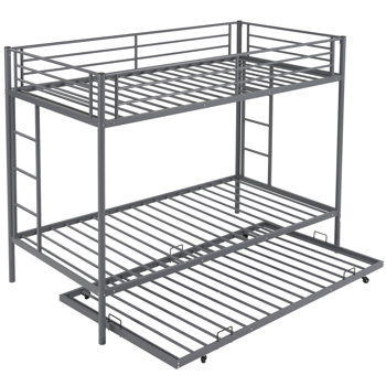 Twin Over Twin Bunk Bed with Trundle, Triple Bunk Beds for Kids Teens Adults, Metal Bunk Bed with Two Side Ladder and Guardrails, Grey