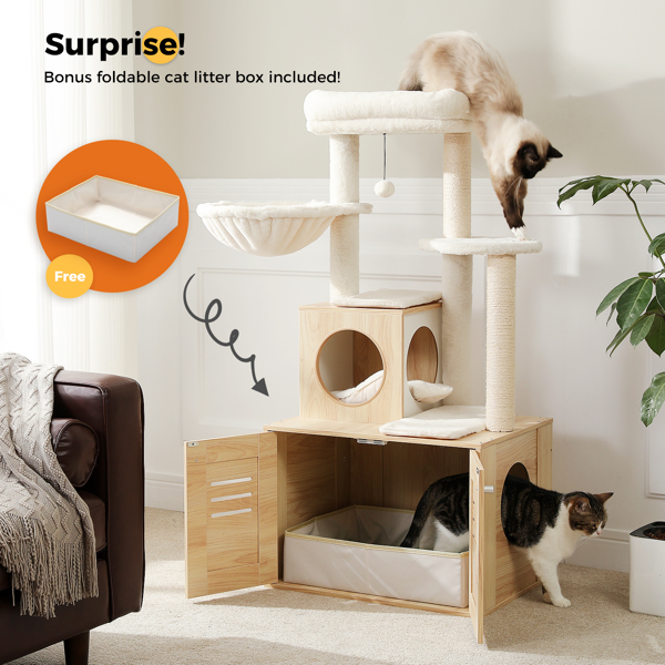 Cat Tree with Litter Box Enclosure, 50" Modern Cat Tree for Large/Fat Cats with Cat Condo, Wooden Cat Furniture with Large Hammock and Top Perch, Complimentary cat litter box，Beige 
