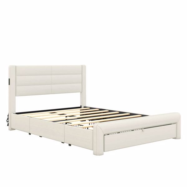 Queen Size Bed Frame with Drawer Storage, Leather Upholstered Platform Bed with Charging Station - Beige