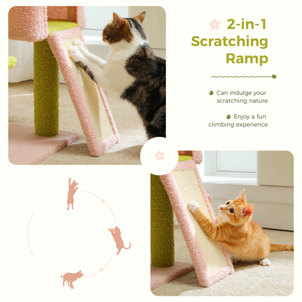 Flower Cat Tree47.2"Multi-Level Cat Tower with Sisal Covered Scratching Posts,Cute Cat Condo for Indoor Small Medium Cats,Pink Top Perch,Ramp,Fluffy Ball,Green(Banned shein,unable to ship on weekends)