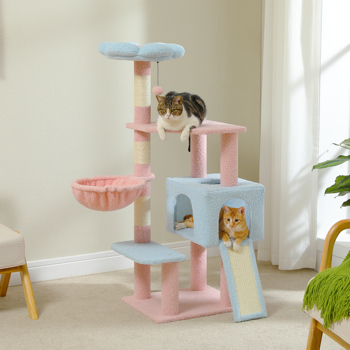  Flower Cat Tree 47.2\\" Multi-Level Cat Tower with Sisal Covered Scratching Posts, Cute Cat Condo for Indoor Small Medium Cats, Pink Top Perch, Ramp, Fluffy Ball, Blue 