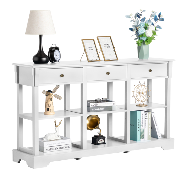 Console Sofa Table with Ample Storage, Retro Kitchen Buffet Cabinet Sideboard with Open Shelves and 3 Drawers, Accent Storage Cabinet for Entryway/Living Room Vintage White
