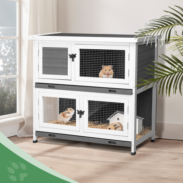 2 Story Solid Wood Rabbit Hutch Bunny Cage with 2 Large Main Rooms, Indoor Outdoor Rabbit House Guinea Pig Cage Pet House for Small Animals with 2 Removable Trays, Grey 