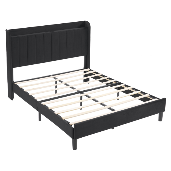 Full Size Velvet Bed Frame with Charging Station and Storage Shelf, Upholstered Platform Bed with Vertical Channel Tufted Wingback Headboard, No Box Spring Needed, Easy Assembly, Black