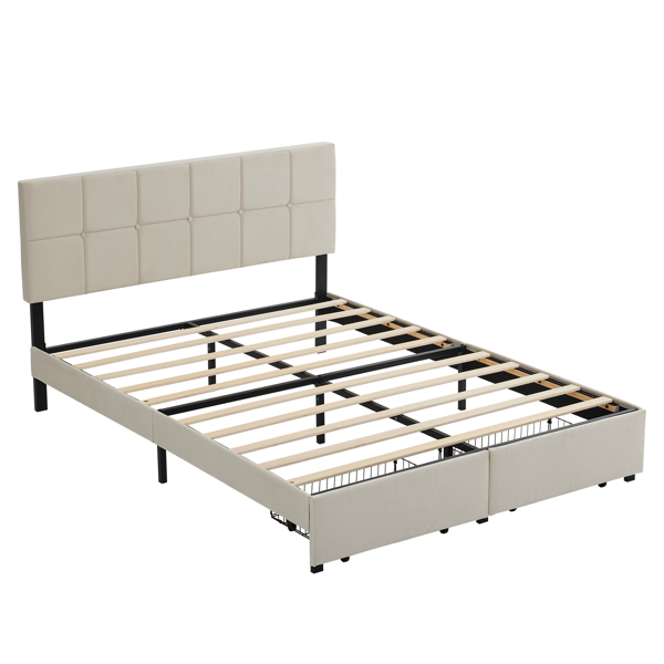 Queen Size Velvet Upholstered Platform Bed with Storage Drawers, Platform Bed Frame with Vertical Channel Tufted Wingback Headboard, No Box Spring Needed, Easy Assembly, Off-white