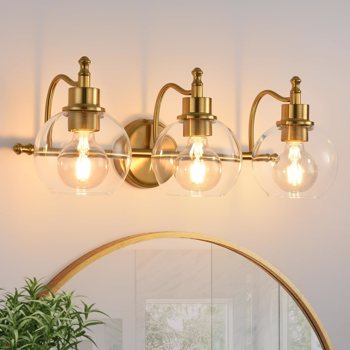 3-Lights Bathroom Vanity Lighting Fixtures Brushed Gold Modern Vanity Light 22Inch Bathroom Light Fixture Bathroom Lights Over Mirror with Clear Glass Shade for Living Room, Kitchen（E26 Base）[Unable t