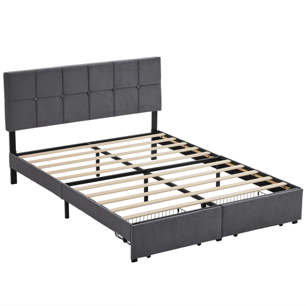 Queen Size Velvet Upholstered Platform Bed with Storage Drawers, Platform Bed Frame with Vertical Channel Tufted Wingback Headboard, No Box Spring Needed, Easy Assembly, Dark Grey
