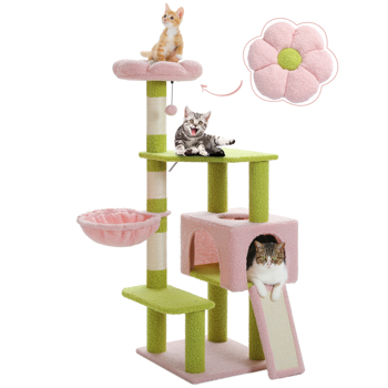  Flower Cat Tree 47.2\\" Multi-Level Cat Tower with Sisal Covered Scratching Posts, Cute Cat Condo for Indoor Small Medium Cats, Pink Top Perch, Ramp, Fluffy Ball, Green