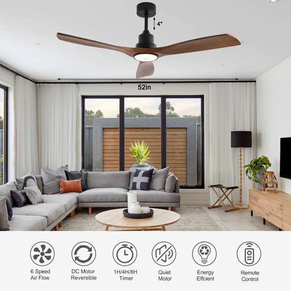 52" Wood Ceiling Fan with Lights, Smart Fans Light with Remote Reversible DC Motor, 6 Speeds Walnut Ceiling Fan Light for Indoor Porch, Patio, Bedroom, Farmhouse