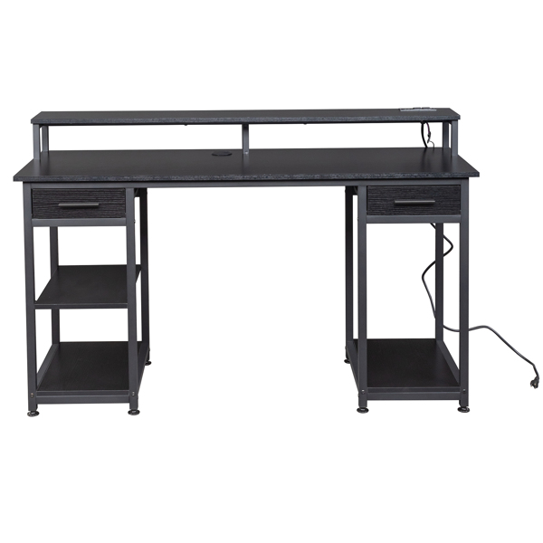 Black wood grain particleboard with non-woven fabric drawer 140*50*86cm multi-layer shelf computer desk with 2 power sockets and 2 USB power interfaces