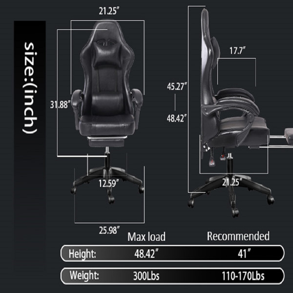 Video Game Chairs for Adults, PU Leather Gaming Chair with Footrest, 360°Swivel Adjustable Lumbar Pillow Gamer Chair, Comfortable Computer Chair for Heavy People, Black