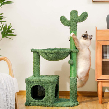 Cactus Cat Tree 40\\" Cat Tower with Large Metal Carpet Hammock, Cat Scratching Post for Indoor Cats with Condo& Dangling Ball, Green (Unable to ship on weekends, please be careful when placing orders\\n)