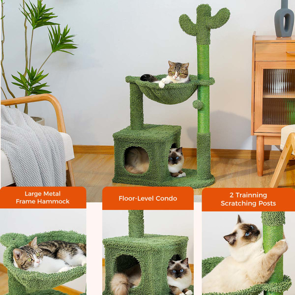 Cactus Cat Tree 40" Cat Tower with Large Metal Carpet Hammock, Cat Scratching Post for Indoor Cats with Condo& Dangling Ball, Green 