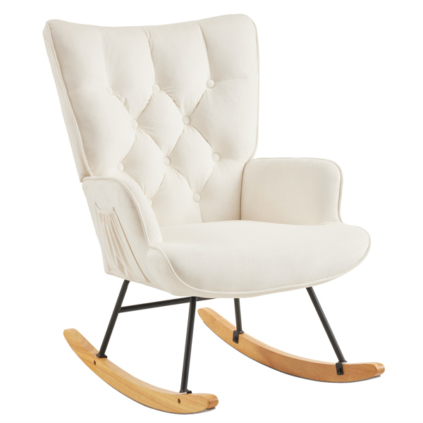 Rocking Chair Nursery, Upholstered Glider Rocker with High Backrest, Stylish Modern Rocking Accent Chair Glider Recliner for Living Room Nursery Bedroom, Ivory