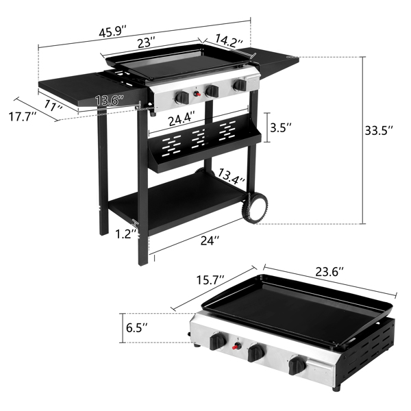 3-Burner Flat Top Gas Griddle Cooking Station with Ceramic Coated Cast Iron Pan, 30,000 BTU Propane Fuelled Griddle Station with Side Shelves & Spice Rack for Outdoor Barbecue Backyard Cookout