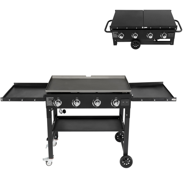 Foldable 4-Burner Flat Top Gas Griddle Cooking Station, Propane Fuelled Griddle Station with Side Shelves for Outdoor Barbecue Backyard Cookout