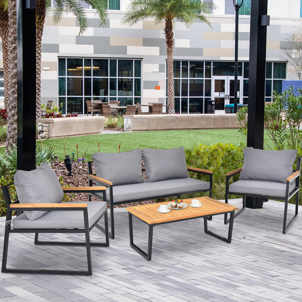 4 Piece Outdoor Patio Lounge Conversation Set, Metal Frame with Acacia Wood Armrest & Tabletop Furniture Set for Backyard Balcony Deck with Soft Cushions and Table