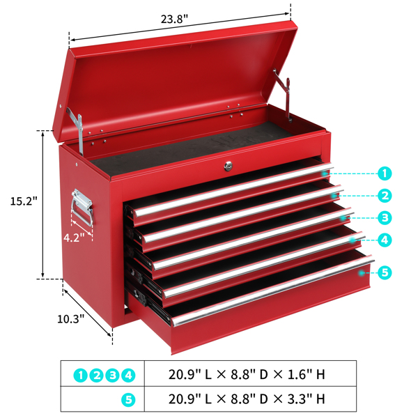 Steel maintenance tool cart cabinet 5 drawers with lock 330lb red