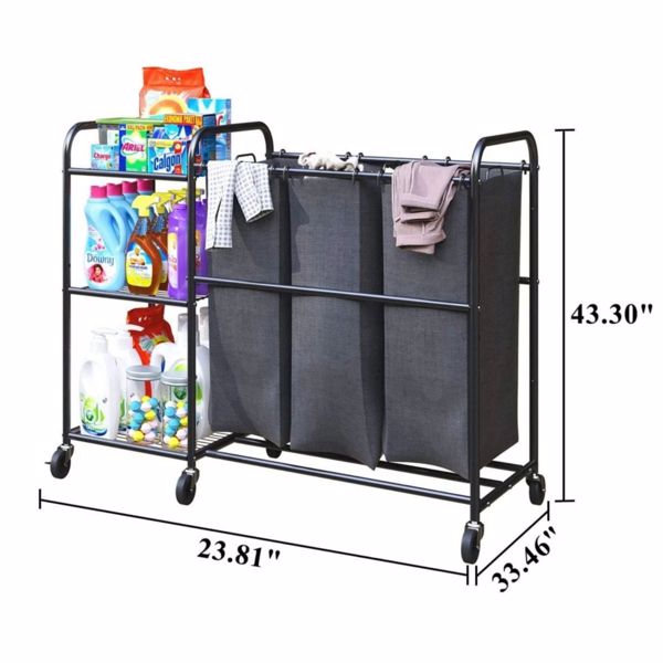 3 Bag Laundry Sorter Cart With Storage Shelf, Laundry Hamper Sorter With Rolling Wheels And Removable Bags For Clothes Storage,Laundry Organizer Basket Laundry Clothes Hamper, Black（it isn't able to s