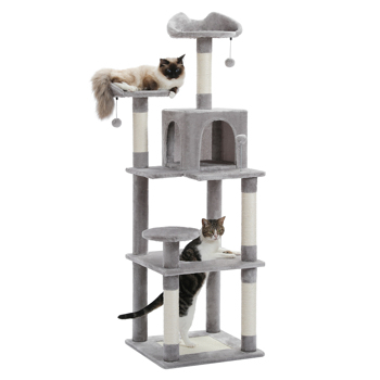 63\\'\\' Multi-Level Cat Tree Cat Tower for Indoor Cats with Sisal-Covered Scratching Post, Cozy Cat Condo, Cat Hammock and Wide Top Perch, Grey (Unable to ship on weekends, please be careful when placing
