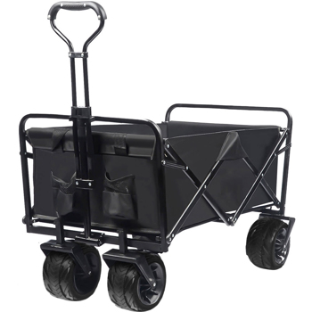 Collapsible Heavy Duty Beach Wagon Cart Outdoor Folding Utility Camping Garden Beach Cart with Universal Wheels Adjustable Handle Shopping (Black)