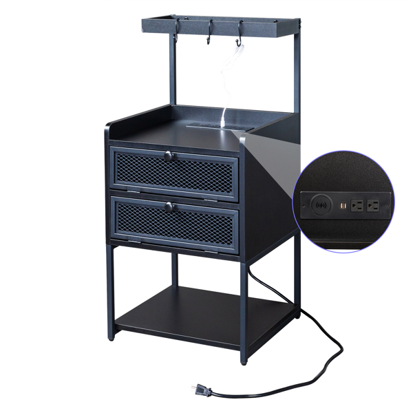 FCH Black Wood Steel 2 Drawers Shelf LED Light Strips Nightstand With Socket With Charging Station & USB Ports Bed Table