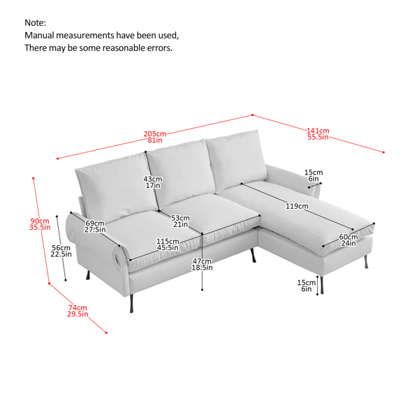 81"Modern Sectional Technical leather L-Shaped Sofa Couch with Reversible Chaise Lounge 
