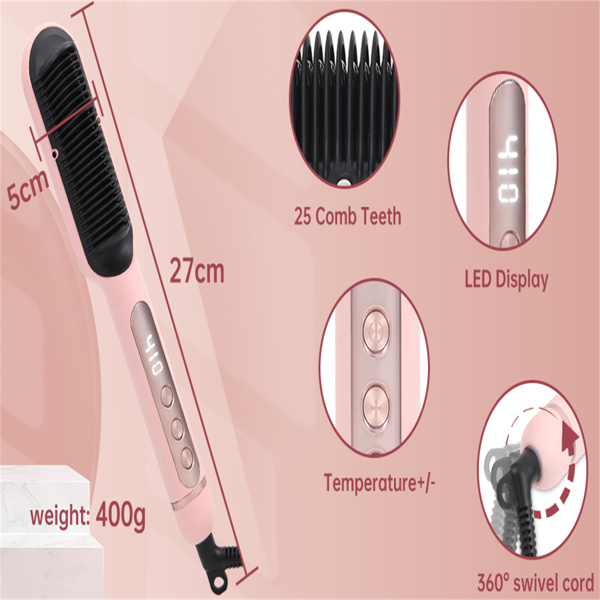 Negative Ionic Hair Straightener Brush with 9 Temp Settings, 30s Fast Heating, Hair Straightening Comb with LED Display, Anti-Scald & Auto-Shut Off Hair Straightening Iron (Pink)