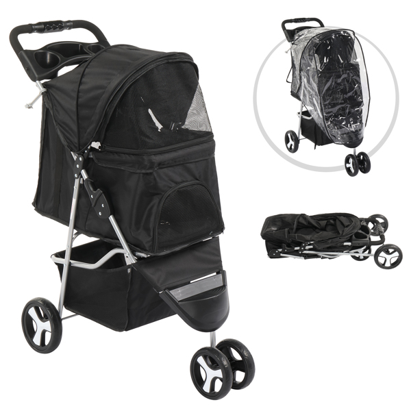 3 Wheels Pet Stroller, Dog Cat Cage Jogger Stroller for Medium Small Dogs Cats, Travel Folding Carrier Waterproof Puppy Stroller with Cup Holder & Removable Liner, Black 