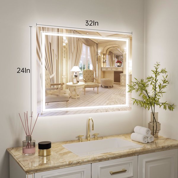 32 * 24 Bathroom Mirror LED Mirror Bathroom Mirror with Lights Bedroom LED Vanity Mirror Makeup Mirror Dimmable Anti-Fog Wall Mounted Birthday Gift Room Decor