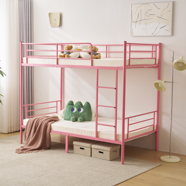 Twin Over Twin Bunk Bed for Kids Teens Adults, Heavy Duty Metal Bunk Bed with Ladder & Full-Length Guard Rail & Storage Space, Pink