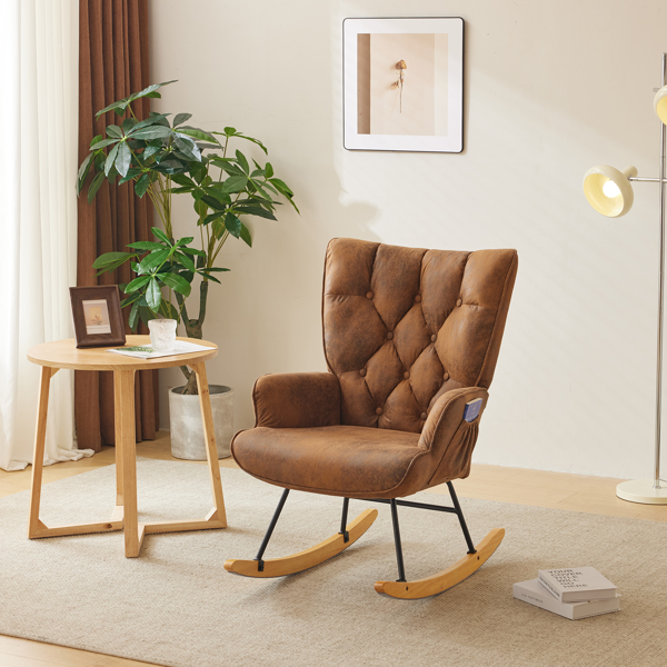 Rocking Chair Nursery, Upholstered Glider Rocker with High Backrest, Stylish Modern Rocking Accent Chair Glider Recliner for Living Room Nursery Bedroom, Brown