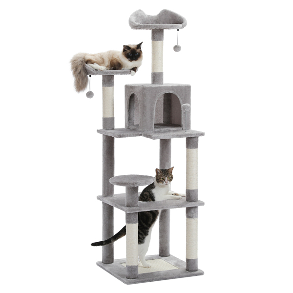 63'' Multi-Level Cat Tree Cat Tower for Indoor Cats with Sisal-Covered Scratching Post, Cozy Cat Condo, Cat Hammock and Wide Top Perch, Grey (Banned shein,unable to ship on weekends)