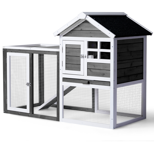 Wooden Rabbit Hutch Outdoor Chicken Coop Indoor Bunny Cage with Run, Guinea Pig House Pet House with Pull Out Upper Tray, Grey