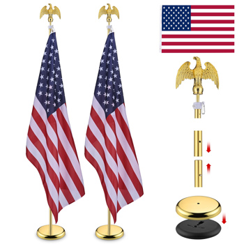 2 Pack 6FT Telescoping Indoor Flag Pole Kit Eagle Topper Aluminum Gold Pole with 3x5Ft Embroidered Stars US Flag & Base,Aluminum Telescoping Flagpole Indoor for Office,School(No delivery on weekends)