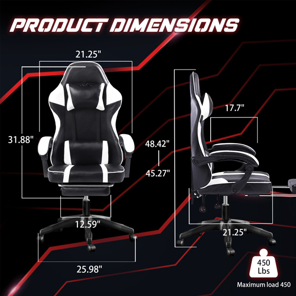 Video Game Chairs for Adults, PU Leather Gaming Chair with Footrest, 360°Swivel Adjustable Lumbar Pillow Gamer Chair, Comfortable Computer Chair for Heavy People, White
