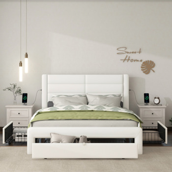 Queen Size Bed Frame with Drawer Storage, Leather Upholstered Platform Bed with Charging Station