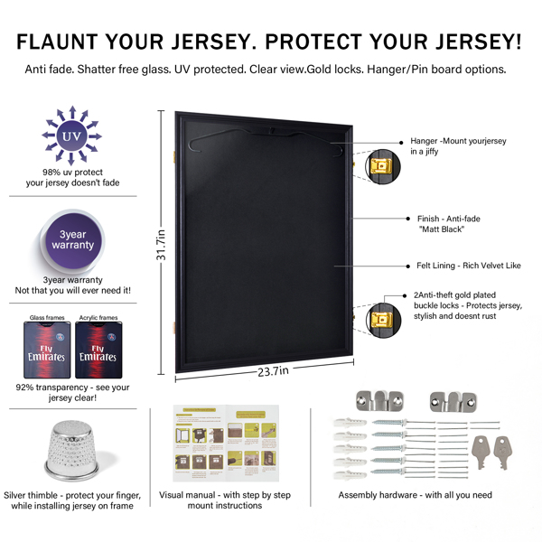 Shirt Display Frame With UV Resistant Acrylic and Hanger, Wall Mounted Baseball Basketball Football Hockey Shirt Display Frame Black