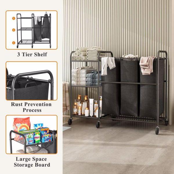 3 Bag Laundry Sorter Cart With Storage Shelf, Laundry Hamper Sorter With Rolling Wheels And Removable Bags For Clothes Storage,Laundry Organizer Basket Laundry Clothes Hamper, Black（it isn't able to s