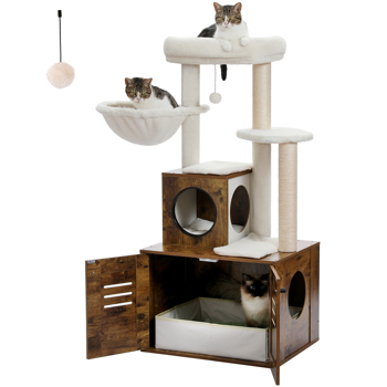 50\\" Modern Cat Tree for Large with Cat Condo, Wooden Cat Furniture with Large Hammock and Top Perch Brown(Banned shein,unable to ship on weekends)