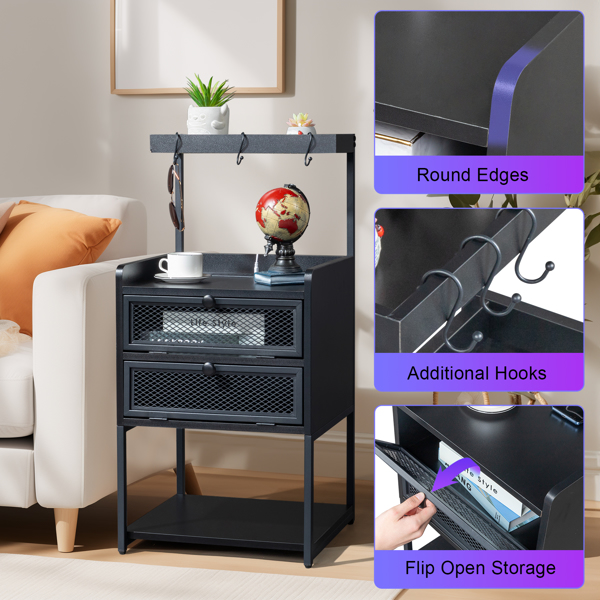 FCH Black Wood Steel 2 Drawers Shelf LED Light Strips Nightstand With Socket With Charging Station & USB Ports Bed Table