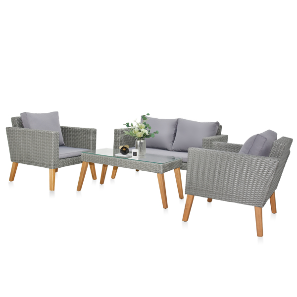 4 Piece Outdoor Patio Furniture Set, Resin Rattan and Acacia Wood Chairs Conversation Furniture Set for Backyard Balcony Deck with Soft Cushions and Table, Grey