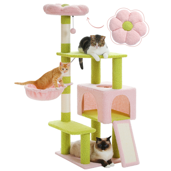 Flower Cat Tree47.2"Multi-Level Cat Tower with Sisal Covered Scratching Posts,Cute Cat Condo for Indoor Small Medium Cats,Pink Top Perch,Ramp,Fluffy Ball,Green(Banned shein,unable to ship on weekends)